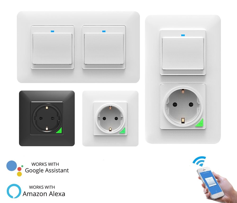 Interruptores y enchufe Wifi inteligente para empotrar en caja de mecanismo simple o doble