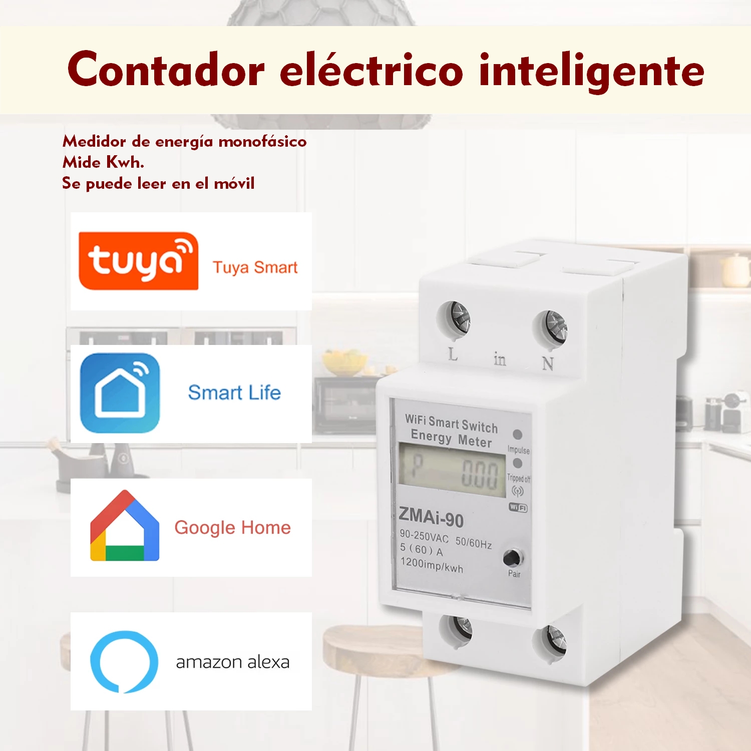 Contador eléctrico inteligente, medidor energía WiFi 60A