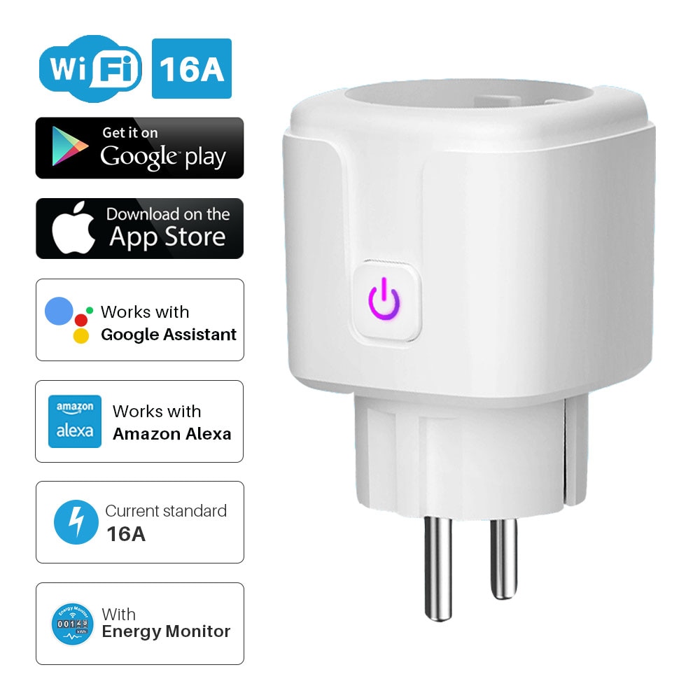 Enchufe inteligente con WiFi, Monitor de potencia de 16A, función de sincronización, compatible Tuya SmartLife, funciona con Alexa, asistente de Google